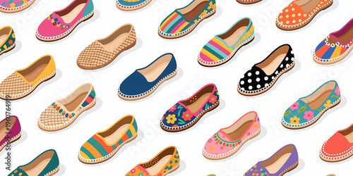 A repeating arrangement of variously designed and colorful flat shoes, primarily ballet flats and loafers, on a white background.