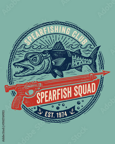 Vintage Spearfishing Club Mascot Logo with Barracuda and Speargun