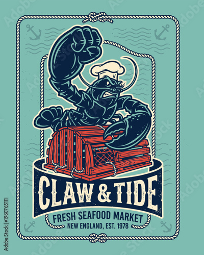 Angry Lobster Chef Mascot Logo for Seafood Market