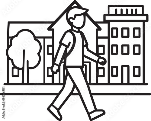 A linear illustration depicts a young person strolling purposefully along a city street, conveying the simple everyday experience of urban life and commuting.