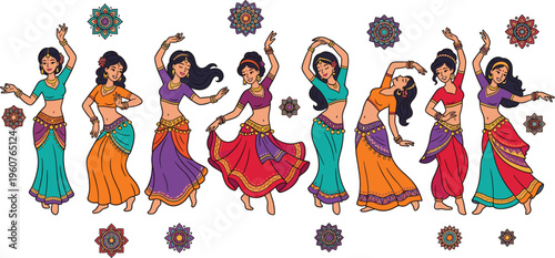 Traditional Indian Dance Performances by Women with Colorful Costumes and Floral Patterns
