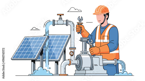 Solar Panel Technician at Work: A skilled technician, equipped with tools, diligently maintains solar panels, representing sustainable energy and technological advancement.