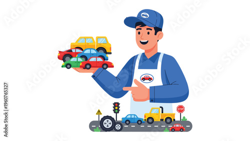 The Master of Mobility: An innovative individual proudly showcases a vibrant collection of diverse vehicles. He is a symbol of innovation, and modern transport solutions.