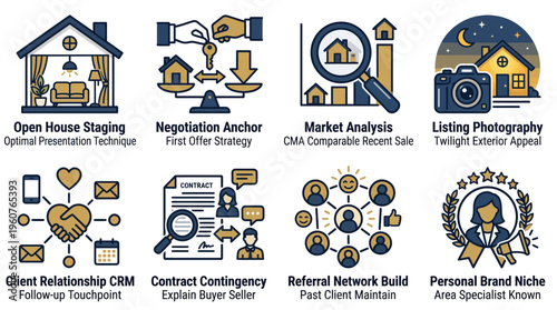 Real Estate Agent Marketing Strategy and Business Process Icons Set