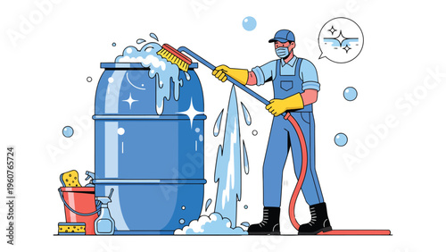 Cleaning the barrel: A person meticulously cleans a large barrel, using a brush and hose, symbolizing cleanliness and industry. The image evokes a sense of hard work and hygiene.