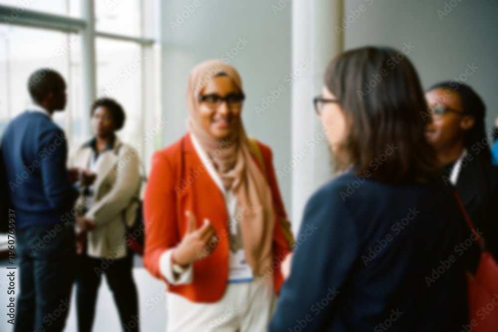 Fototapeta premium soft focus blurred photo of Professional Muslim businesswoman in hijab networking at corporate event, diverse colleagues talking in modern office lobby, inclusive workplace culture