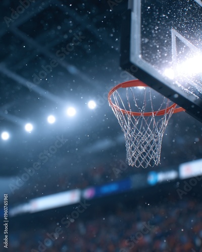 Captivating Moment of a Basketball Hoop Glimmering Under the Lights in a Dynamic Arena Atmosphere Filled with Energy and Excitement