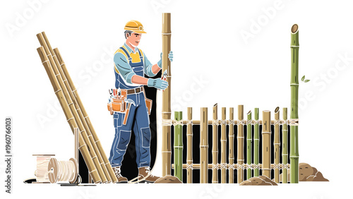 Bamboo Fence Construction: A skilled worker meticulously constructs a bamboo fence, employing traditional techniques and showcasing the beauty and utility of natural materials.