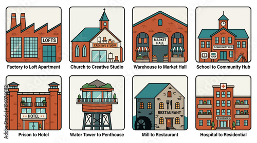 Adaptive reuse architecture illustrations showing old building transformations