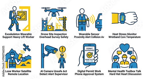 Industrial Safety Technology Icons for Smart Site Management and PPE