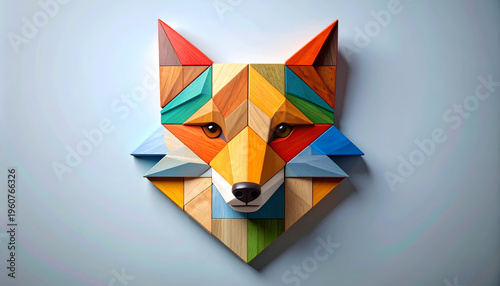 Geometric fox head design featuring colorful wooden blocks on a light backdrop