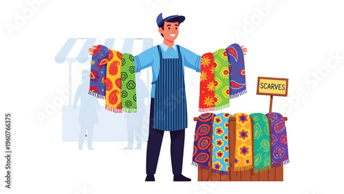 Vendor with Colorful Scarves: A vendor stands proudly, displaying an array of vibrant scarves, offering a tapestry of colors and patterns to the passersby in a bustling market scene.