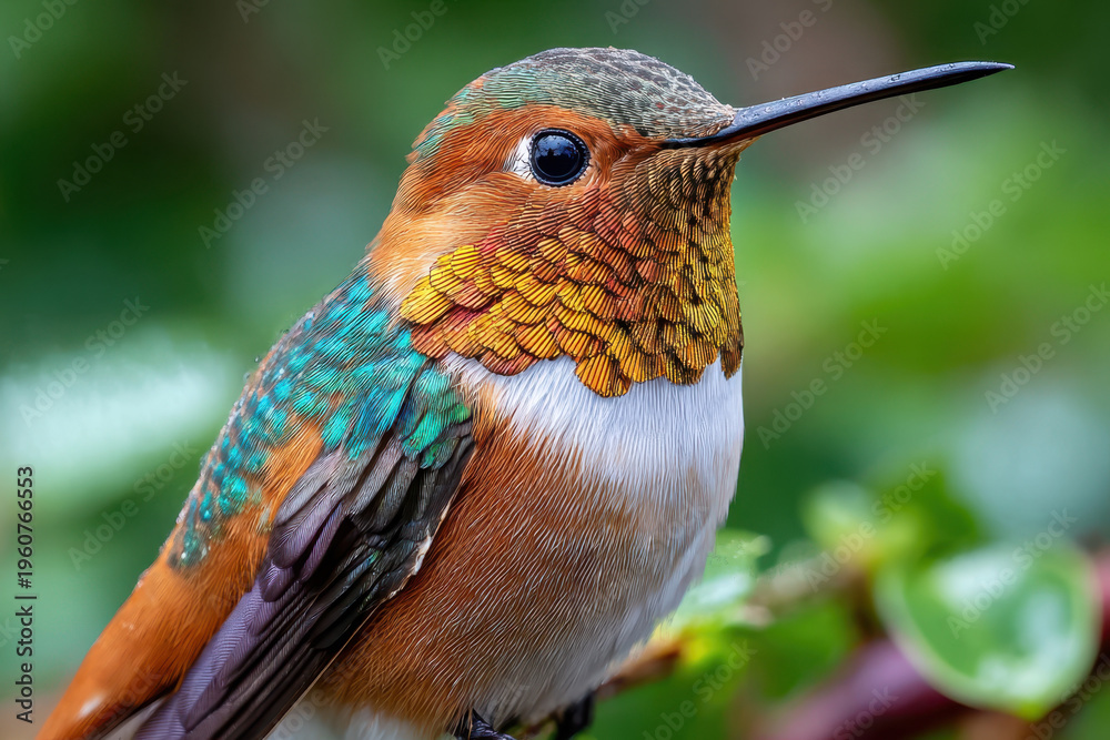 Fototapeta premium Close up of a colorful hummingbird on a branch