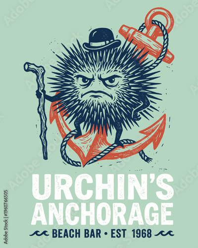 Sea Urchin Mascot Logo with Anchor and Bowler Hat