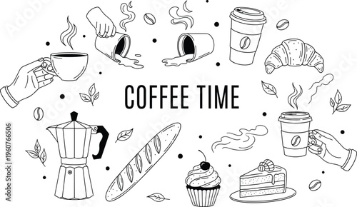 Coffee time hand drawn doodle set including coffee cups, beans, croissant, cake, cupcake, and moka pot isolated on white background, vector illustration