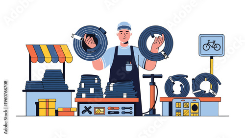 Bicycle Repair and Maintenance: A skilled repairman showcases the essentials of bike care, handling a tire and various tools, embodying the spirit of sustainable transport and urban cycling.