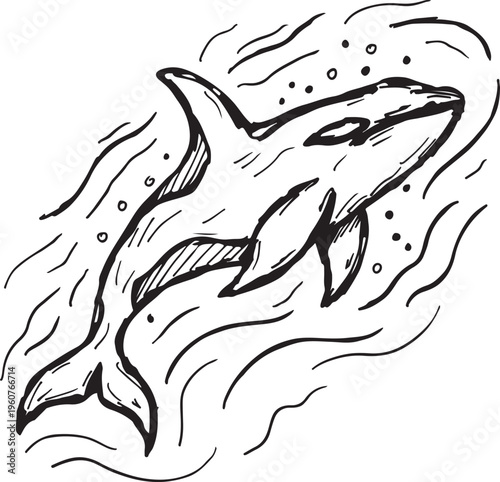 Sketch of a killer whale swimming gracefully through wavy water, surrounded by air bubbles, evoking a sense of freedom and aquatic life in this monochrome illustration