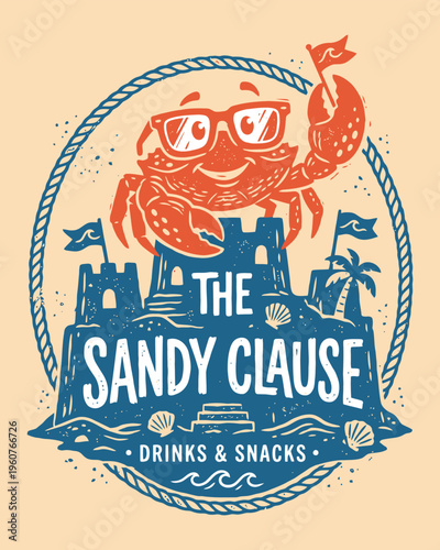Vintage Beach Mascot Logo with Crab and Sandcastle