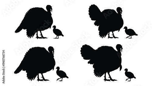 Four black silhouettes of turkeys including adult and young birds against a white background