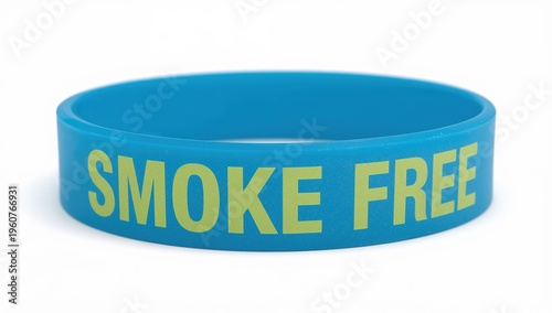 Blue wristband with bold yellow smokefree text promoting healthy lifestyle and antismoking awareness on white background