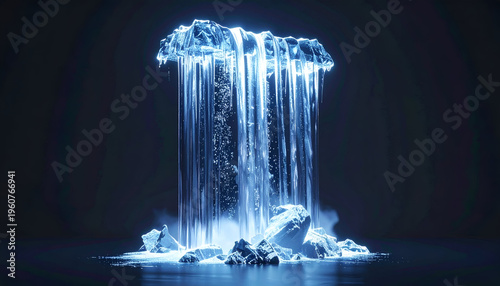 Glowing waterfall cascading over rocks in an abstract neon blue digital render
