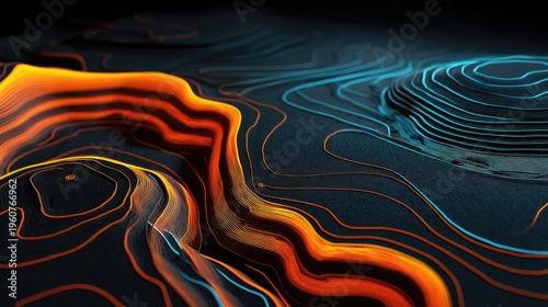 Glowing Topographic Lines Overlay on Digital Terrain Map Background