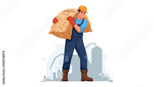 Farmer's Labor: A farmer carries a heavy bag of grain, a symbol of agricultural industry and hard work. Capturing the essence of dedication and rural life.