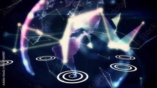 Glowing triangular fragments drifting until bright flash, globe rotating above hand showing network