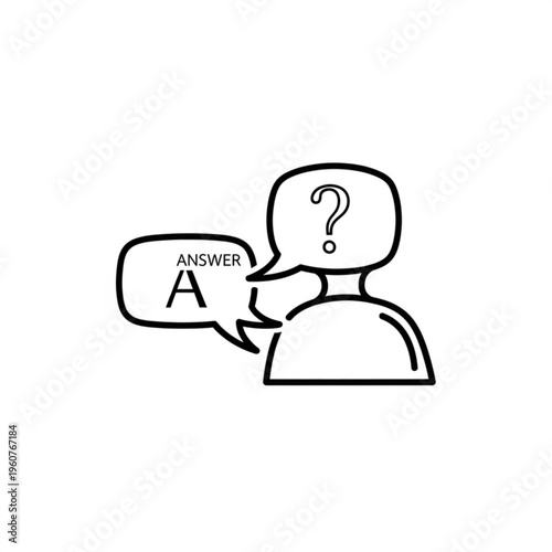 A minimalist line art illustration of a person with a question mark in their thought bubble and a speech bubble saying 'ANSWER A'