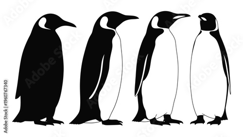 Four penguins depicted in a minimalist black and white silhouette style