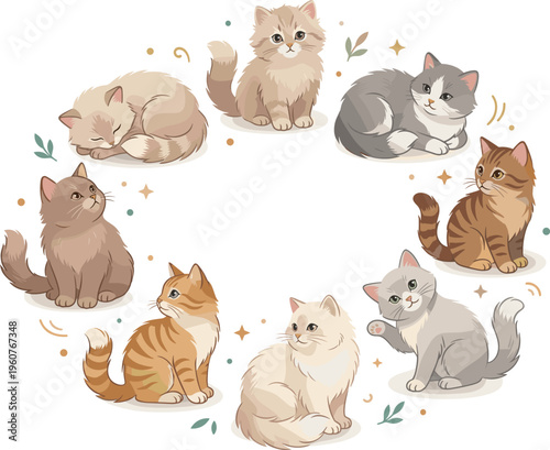 Circular flat vector frame featuring various fluffy cat breeds and kittens in gentle poses for pet care branding and nursery wall art.