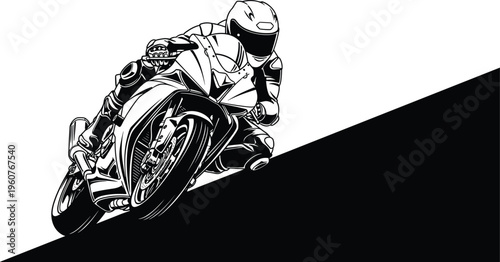 Black and white sport motorcycle racer vector illustration, high speed motorbike leaning on track, professional racing rider action, extreme sport.