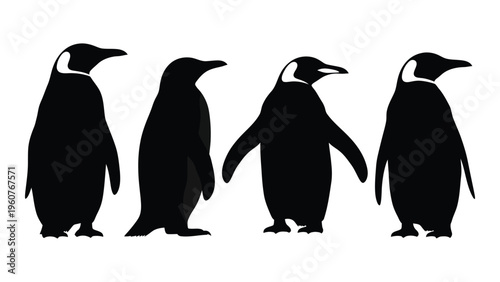 Four penguins depicted in a minimalist black and white silhouette style