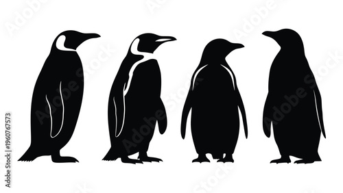 Four penguins in silhouette varying poses presented against a white background