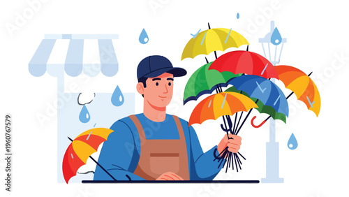 Rainy Day Umbrella Seller: A friendly umbrella vendor stands proudly, offering a vibrant array of umbrellas against a backdrop of gentle rain and a cheerful storefront.