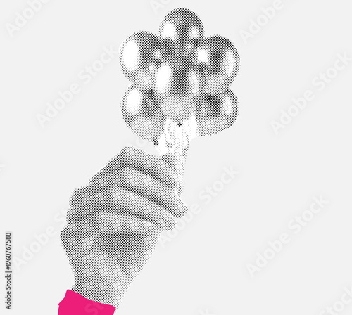 Trendy Halftone Collage of Hand Holding balloons with Minimal Pop Art Style