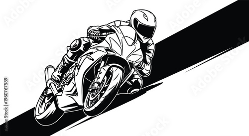 Black and white sport motorcycle racer vector illustration, high speed motorbike leaning on track, professional racing rider action, extreme sport.