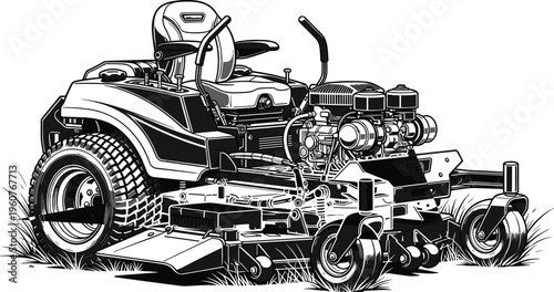 Black and white zero turn lawn mower illustration, heavy duty garden equipment vector, commercial grass cutter on lawn, industrial landscaping machinery.