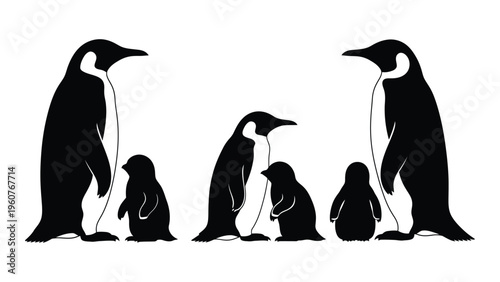 A silhouette illustration depicting a family of emperor penguins in a minimalist style