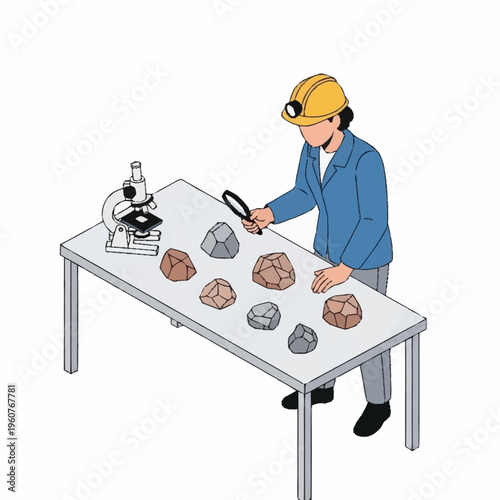 Geologist examining various rock samples with a magnifying glass and microscope.