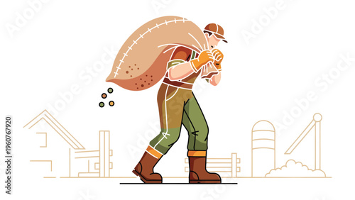 Farmer with Harvested Grain Bag: A hardworking farmer carries a large bag of harvested grain across the fields, showcasing the strength and dedication required in agriculture.