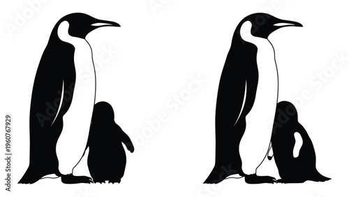 Two adult emperor penguins and a chick depicted in a striking black and white silhouette