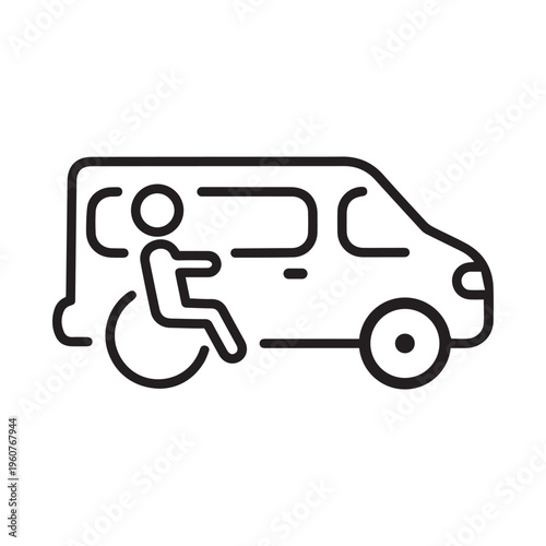 transportation of disabled persons icon, special transport for man in wheelchair, van for disability, thin line vector illustration
