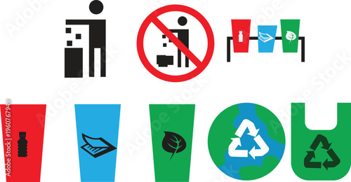 Comprehensive collection of recycling and waste management icons illustrating sustainable practices for environmental protection and Earth Day initiatives