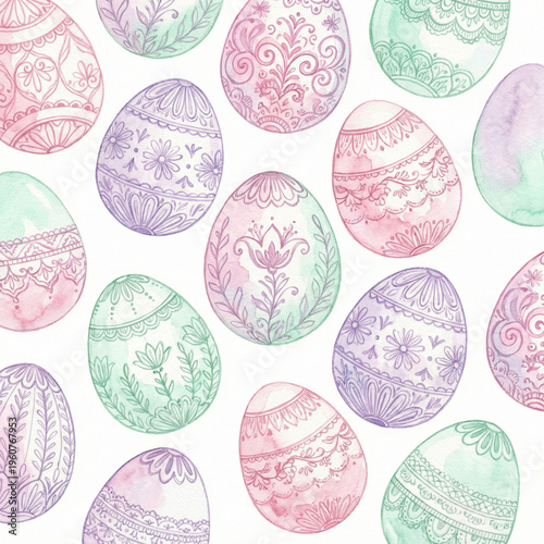 Watercolor Easter eggs seamless pattern with floral ornaments