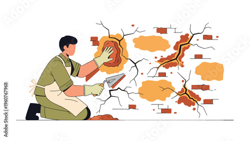 Wall Repair: A skilled worker meticulously repairs a cracked wall, carefully applying cement with a trowel to restore its integrity and beauty.