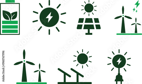 Green energy icons sustainable power solutions featuring solar panels, wind turbines, and eco-friendly batteries for a cleaner future