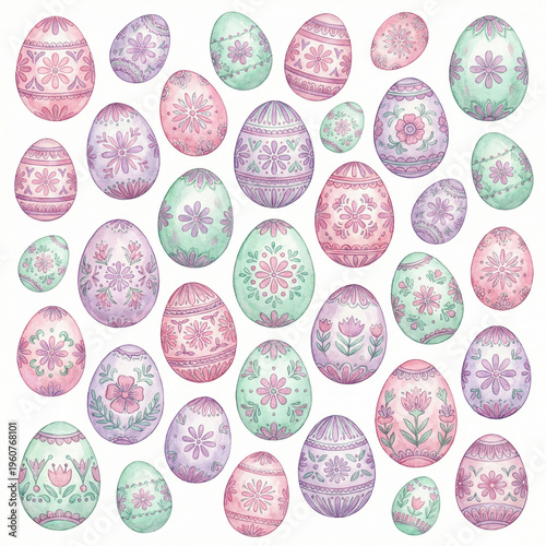 Watercolor Easter eggs seamless pattern with floral ornaments