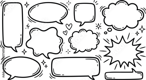A set of various speech bubbles and thought clouds in a line art design vector silhouette, perfect for adding text and conversation to illustrations and graphic designs.