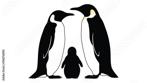 Two adult penguins facing each other with a chick between them in a minimalist style